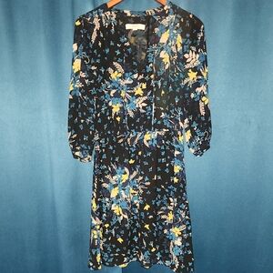 LOFT Black Floral Long-Sleeve Midi Dress with Blue & Yellow Flowers